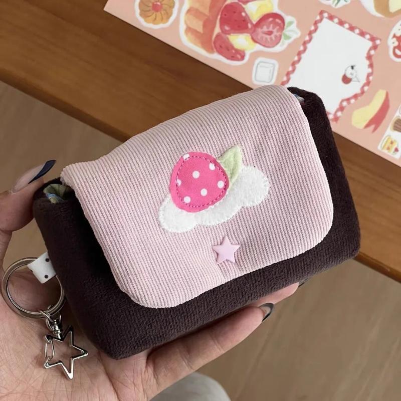 Kawaii Cartoon Strawberry Coin Purse Double Layer Durable Fabric Card Holder Mini Bag for Kids Party Favors