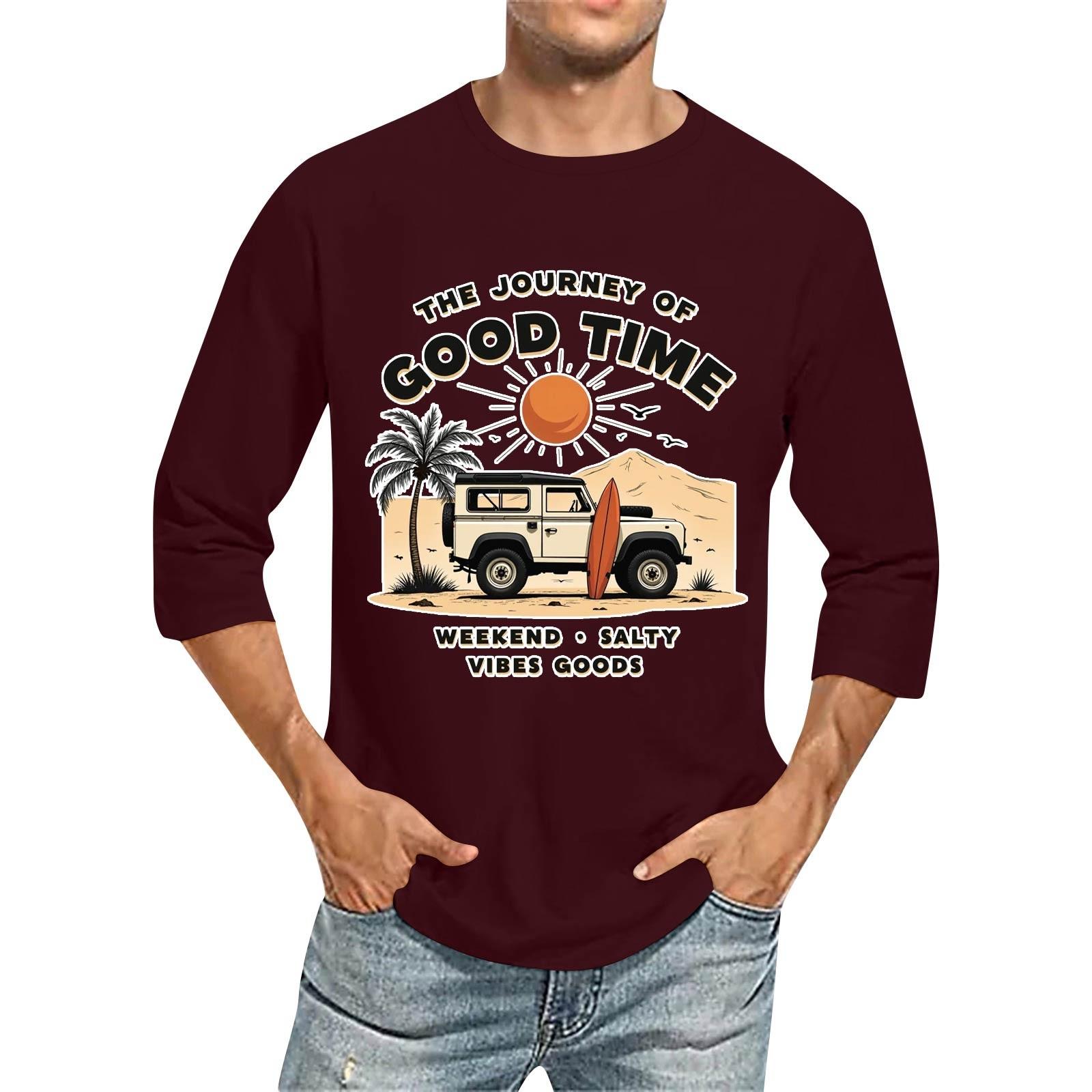 

Чоловіча повсякденна модна футболка з круглим вирізом і рукавом три чверті XXL винний