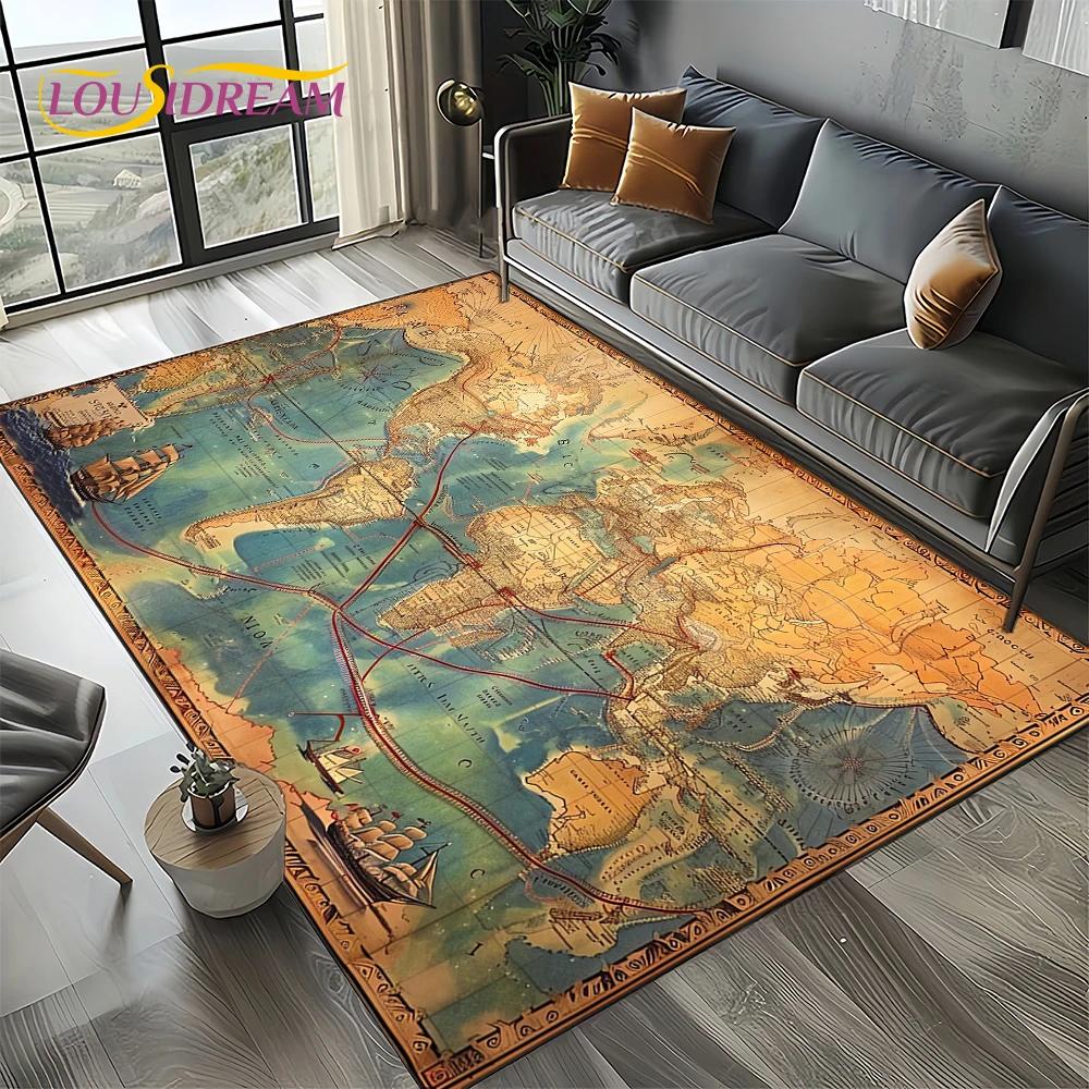 2025 Retro Ancient Nautical Chart Kraft World Map Compass Carpet Rug for Living Room Bedroom Sofa Decoration,Non-slip Floor Mat