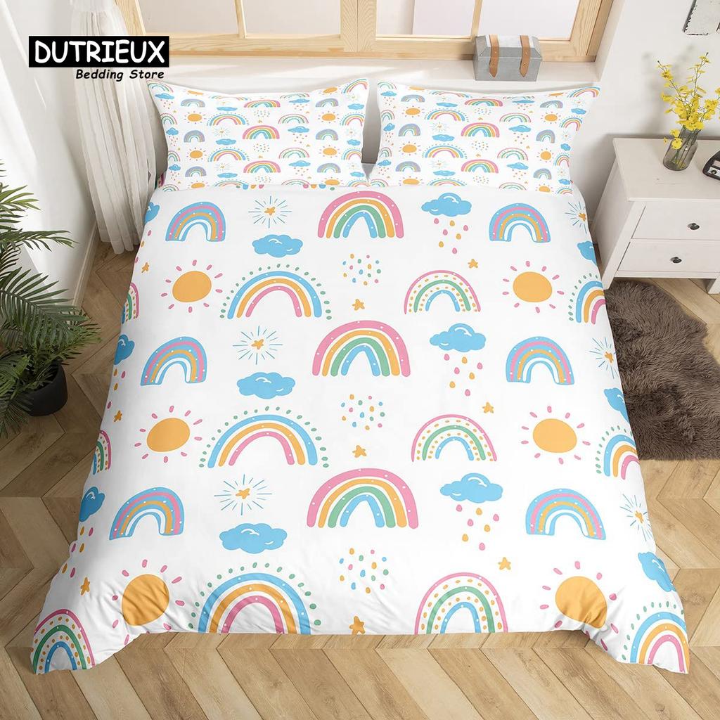 Cute Panda Duvet Cover Set Kawaii Rainbow Cartoon Animals Bedding Set Full Microfiber White Flowers Pink Heart Comforter Cover