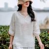 Light Yellow V Neck Embroidered Three Quarter Sleeve Linen Blend Blouse for Women