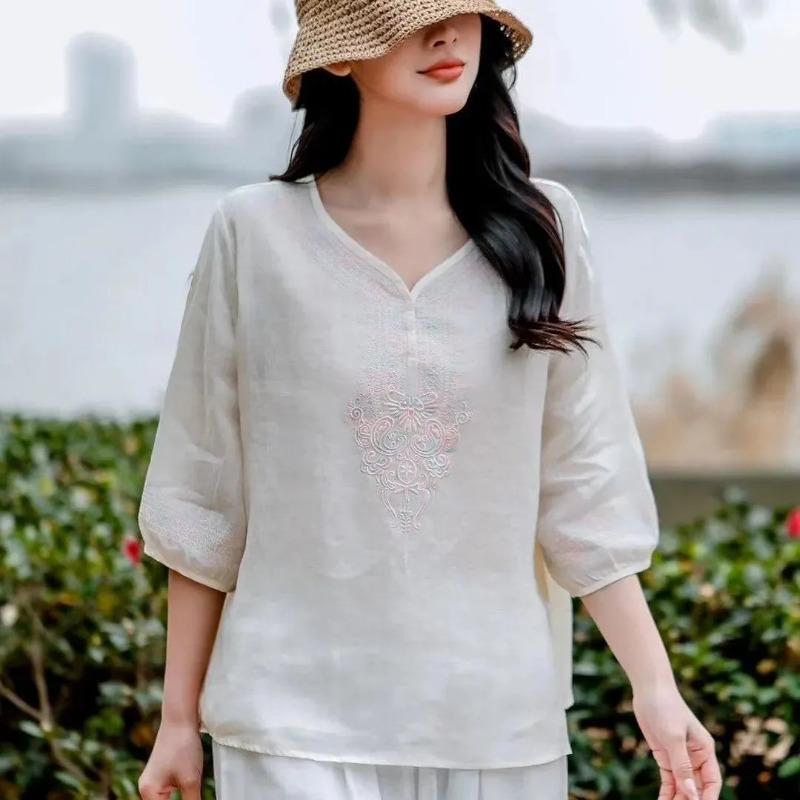 Light Yellow V Neck Embroidered Three Quarter Sleeve Linen Blend Blouse for Women