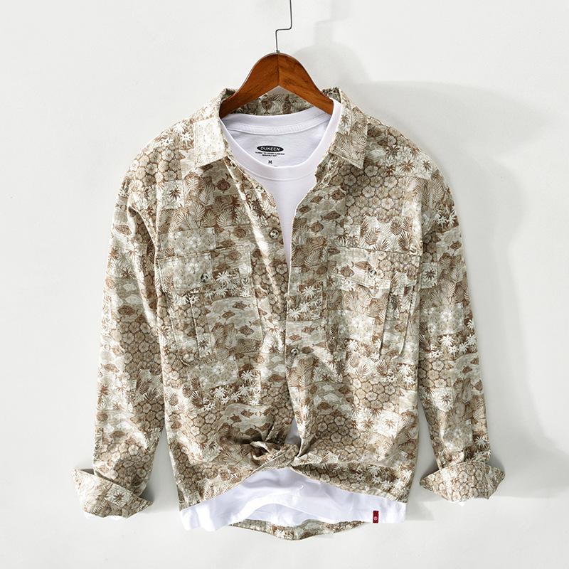 

Весенние и летние рубашки с длинным рукавом в этническом стиле для мужчин, модные повседневные мужские топы для путешествий, свободная рубашка из 100 хлопка с двойными карманами XXXL хаки