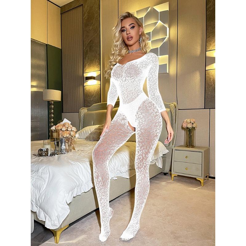 Sexy underwear open sexy one-piece long-sleeved silky perspective one-word shoulder tights mesh