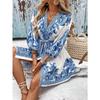 New Women's Printed V-Neck Dress, Three-Quarter Elbow Sleeve Tie Waist A-Line Midi Dress for Summer Casual Party Daily Wear