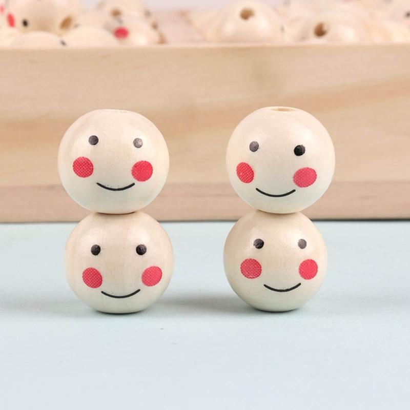 100pcs Natural Wood Beads Round Ball Spacer Smiling Face Doll Head Bead DIY Jewelry Making Supplies Bracelet Necklace