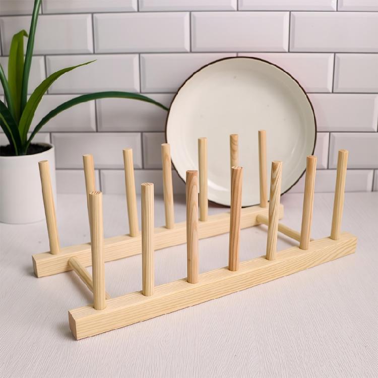 2Pcs Simple Design Wood Dish Drainer Dishware Drying Rack With Removable Dividers For Pot Bowl Kitchen Item Arrangement