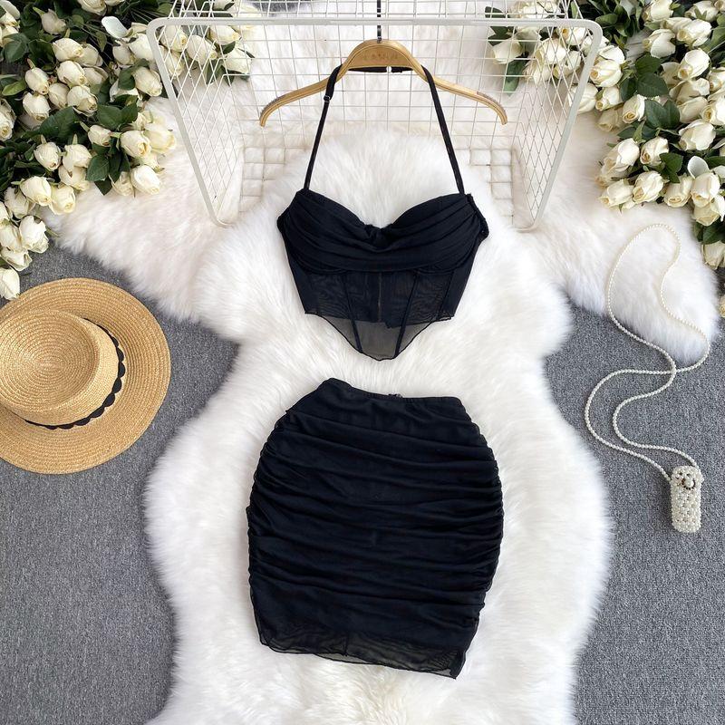 

Fashion Export Suit Women s Small Pure Desire Sexy Sexy Halter Spaghetti Straps Vest + Skinny Mesh Skirt Black S