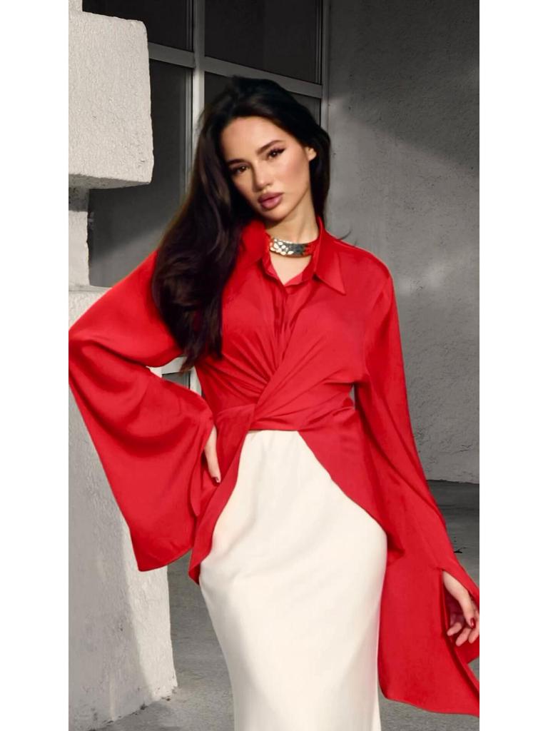 Elegant Satin Long-Sleeve Shirt & Midi Skirt Set for Women 2024