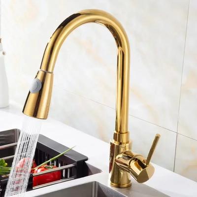 Kitchen Sink Faucet Gold Pull Out Type and Cold Water Tap Single Handle Rotating Nozzle Faucet Household Sink Washbasin Tap