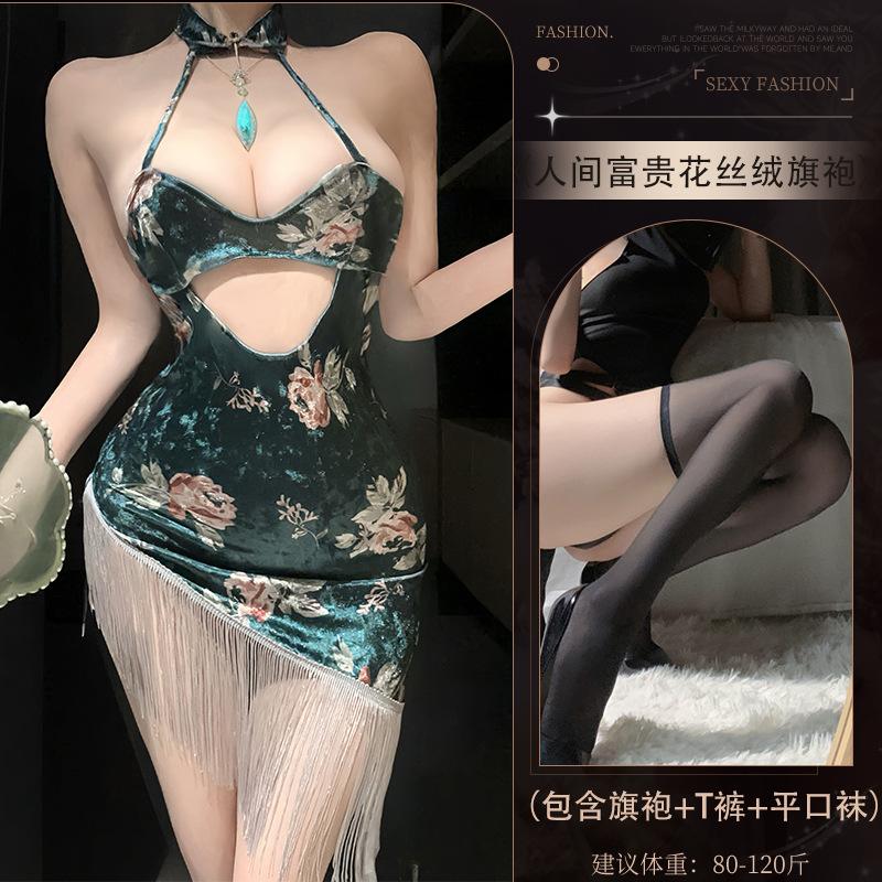 Sex Underwear World Rich Flower Velvet Printing Ancient Cheongsam Pure Desire Temptation Hip Skirt Set