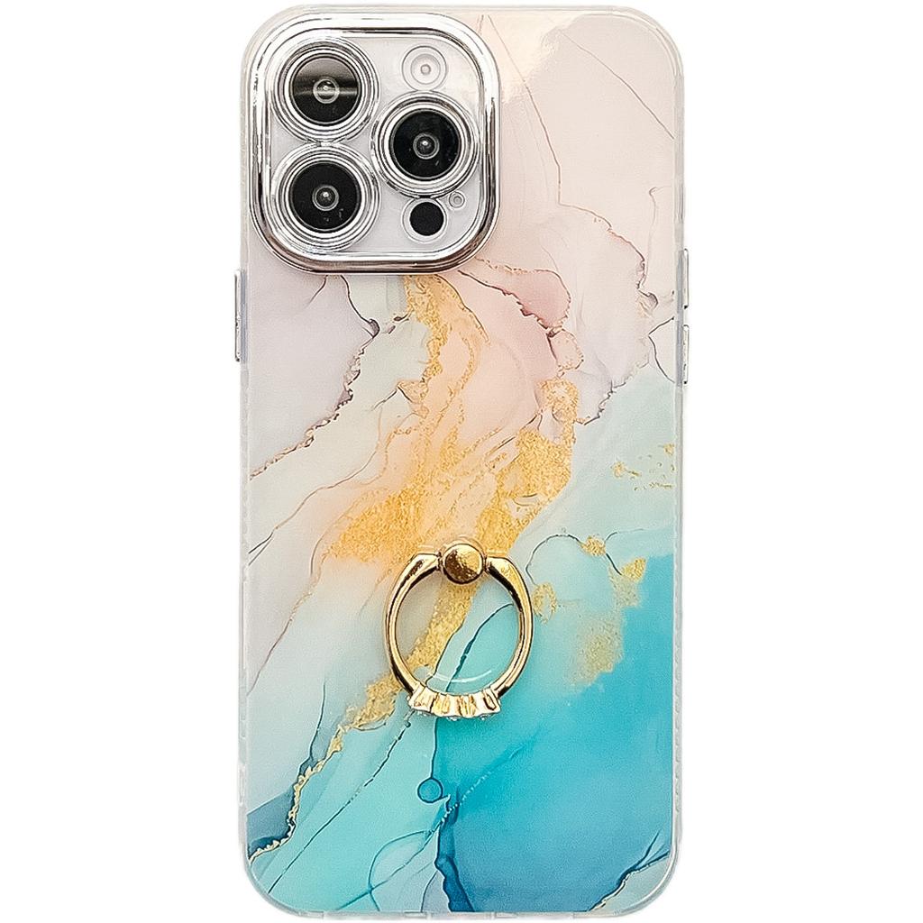 Suitable for IPhone16 Electroplated Phone Case, Apple 15promax Marble-patterned Ring Stand Cover