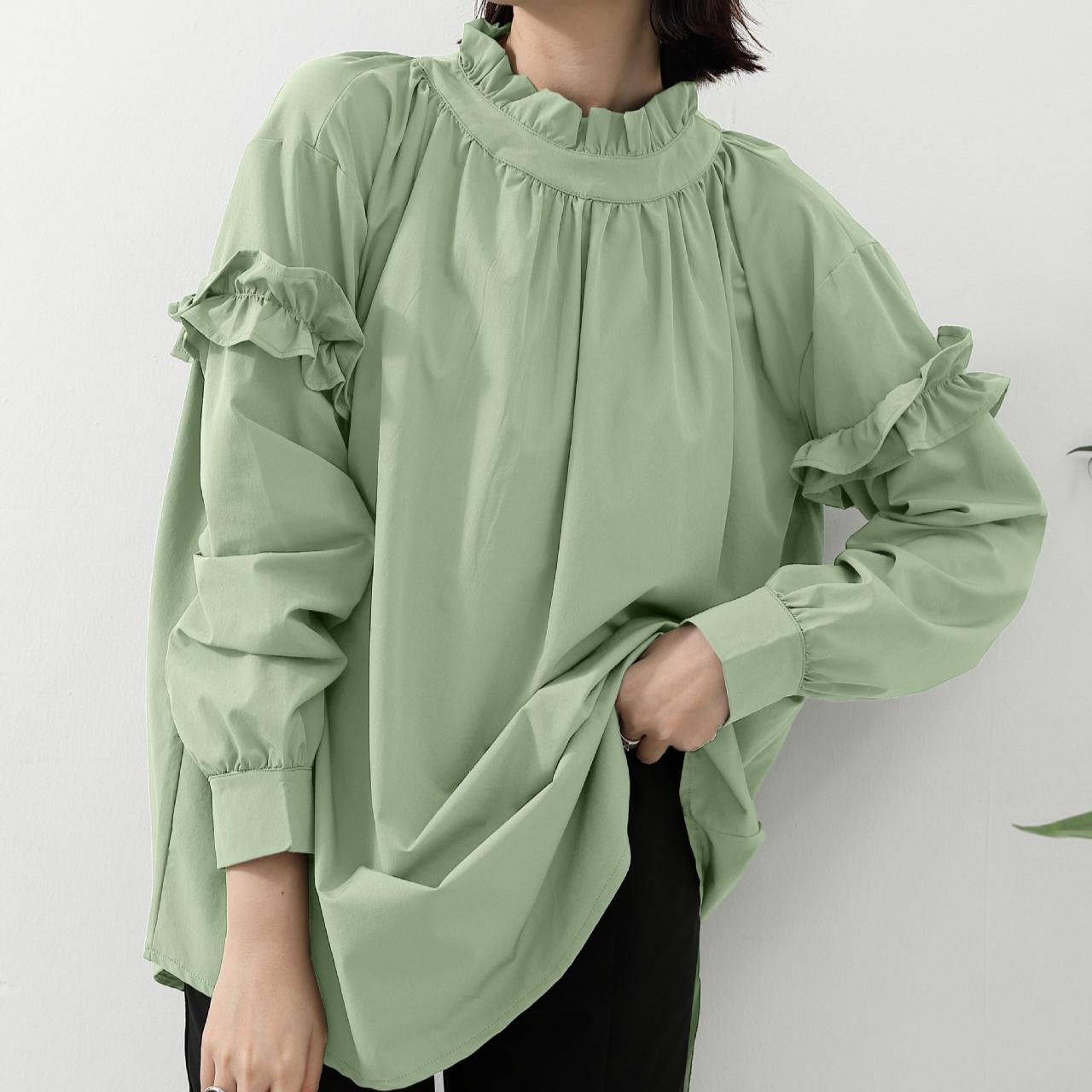 

Lotte Летняя быстросохнущая свободная однотонная блузка элегантная офисная рубашка с полувысоким воротником и длинным рукавом женская рубашка One Size светло-зеленый