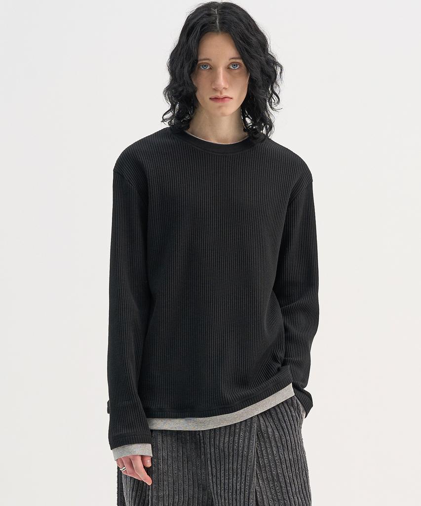 TRIP LE SENS Waffle And Layered Long Sleeve T-Shirt_Black
