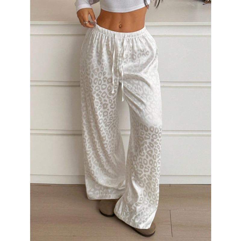 Damskie elastyczne spodnie proste ze sznurkiem, casualowe, modne spodnie żakardowe satynowe w panterkę