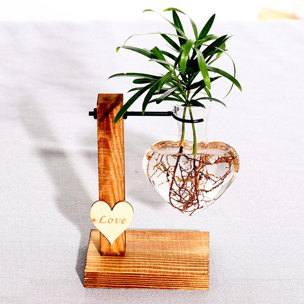 Glass and Wood Vase Planter Terrarium Table Desktop Hydroponics Tray Home Decor Plant Bonsai Flower Pot Hanging Pots with Wooden