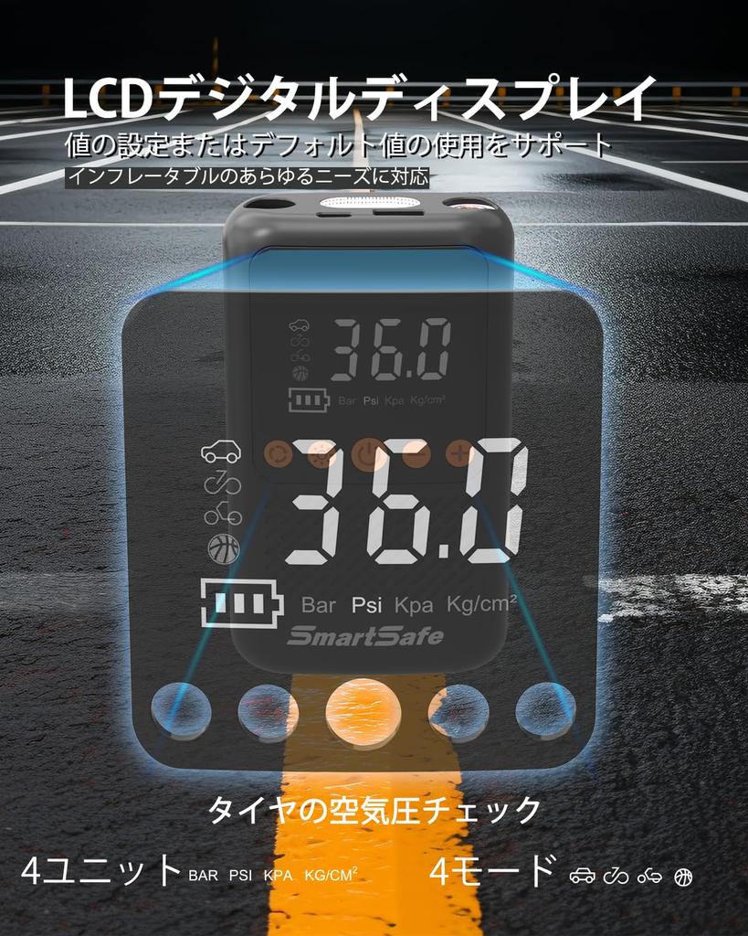 Smartsafe Electric Air 150 4000 mAh Kompatibel mit Presta und Schrader 4 Umschaltbar LCD Digital LED SOS Geeignet für und Outdoor Pumpe, PSI, Kapazität,