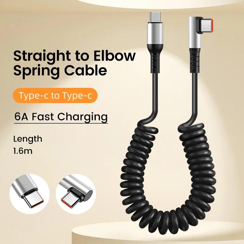 90 Elbow Spring Retractable 0.35-1.6M 6A Fast Charging USB C Cable USB-C to USB-C PD 3.0 for iPhone 15 Pro/Android/Samsung