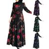 Women Long Sleeve Muslim Abaya Dress Ethnic Floral Print Belt Maxi Kaftan