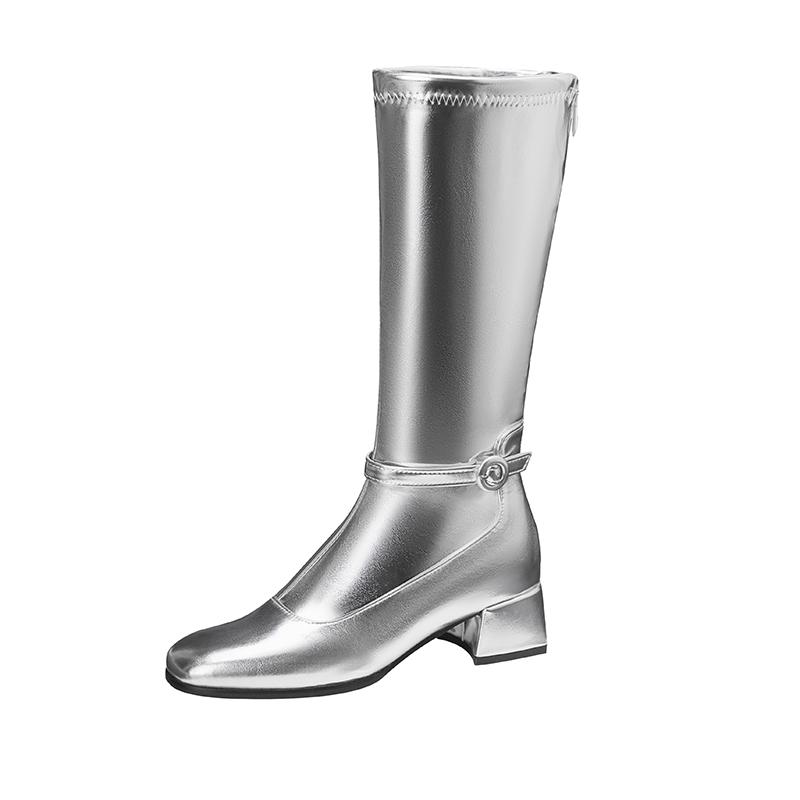 Plus Size Sewing Smooth Silver Upper Thick Heel Side Zipper Knee High Boots Square Toe Precise Style Long Boots