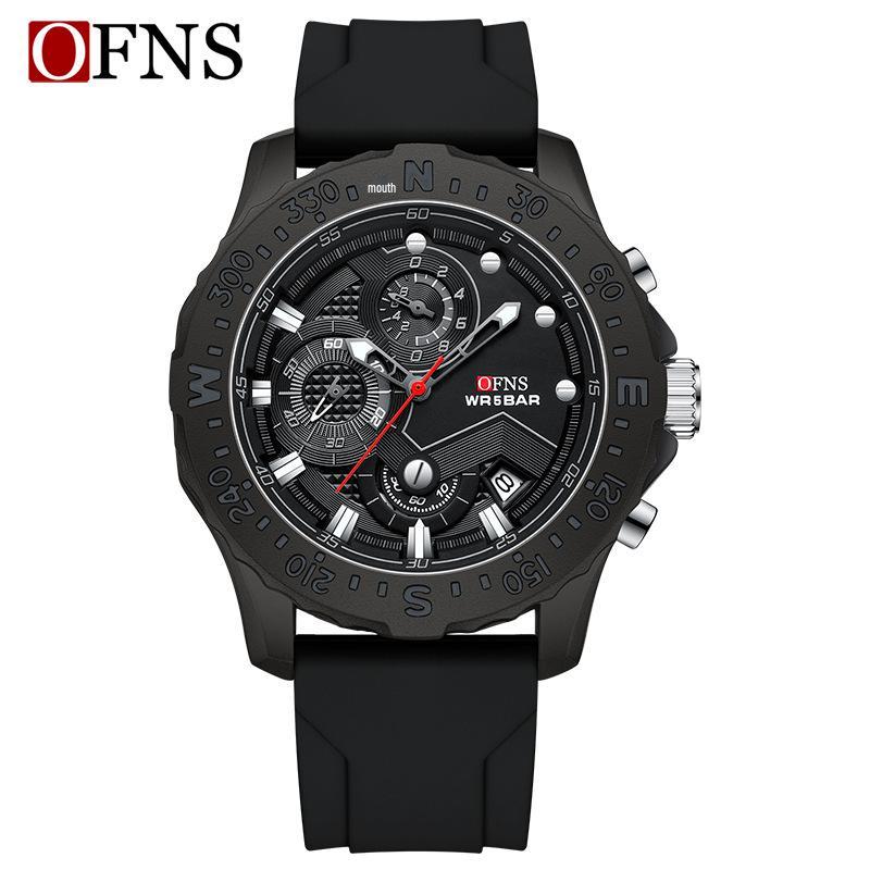 OFNS Men s Multifunctional Waterproof Quartz Watch with Calendar, Silicone Strap, Three Dials, and Six Hands.