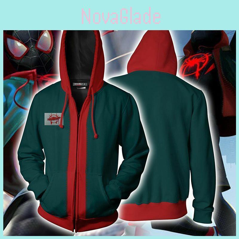Men Miles Morales Spiderman Into The Spiderverse Hooded Sweatshirt With Long Sleeves And Highquality Spandex Material