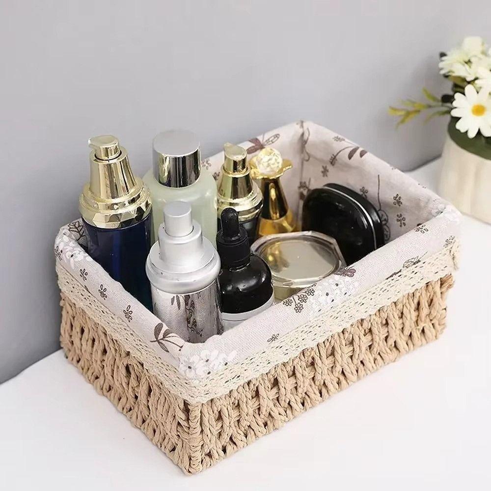 Rectangular Handmade Rattan Storage Baskets Save Space Rustic Style Weaving Storage Tray Reusable with Liner