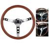 15in 6 Hole Steering Wheel Retro Mahogany Wood Grip Stainless Steel Spoke with Horn Cover Cable