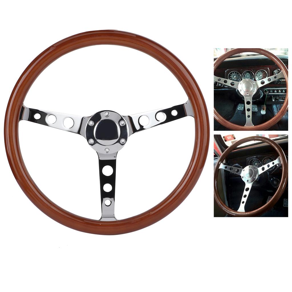 15in 6 Hole Steering Wheel Retro Mahogany Wood Grip Stainless Steel Spoke with Horn Cover Cable