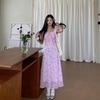 Elegant Floral V-Neck Puff Sleeve Dress for Women - Summer Japanese & Korean Style, Cinched Waist, Slim-Fitting A-Line Long Skirt