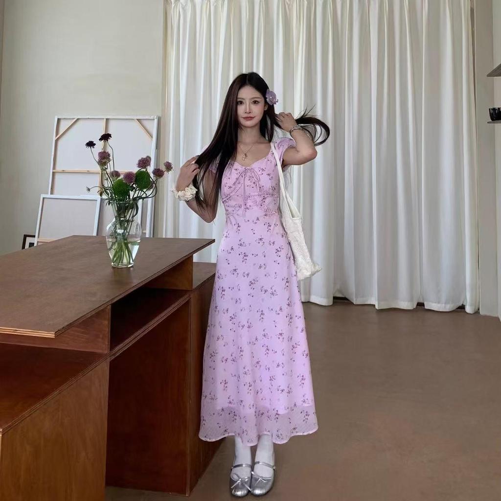 Elegant Floral V-Neck Puff Sleeve Dress for Women - Summer Japanese & Korean Style, Cinched Waist, Slim-Fitting A-Line Long Skirt
