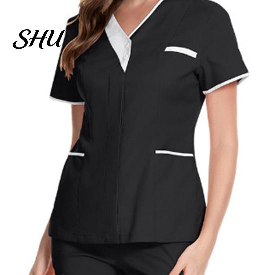 Tops Uniforme Camici da Infermiere Traspiranti Donna Scollo a V Manica Corta Tasche Top Scrub Tute Uniformi Patchwork Colore Design Lavoro Infermieristico