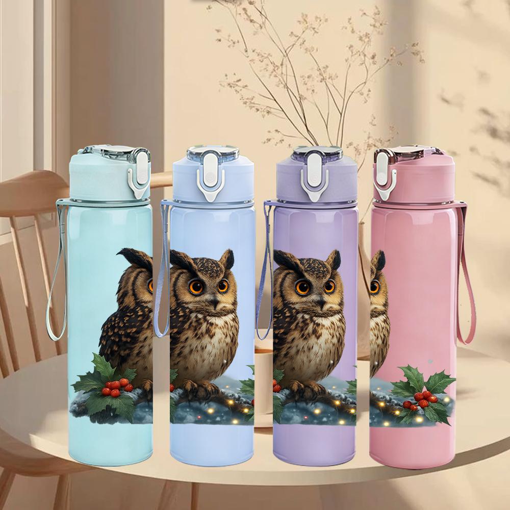 1PC Forest Owl Pine Branch 750ml Color Plastic Sports Water Bottle Leakproof Flip Straw Lid For Sports Office Home Use