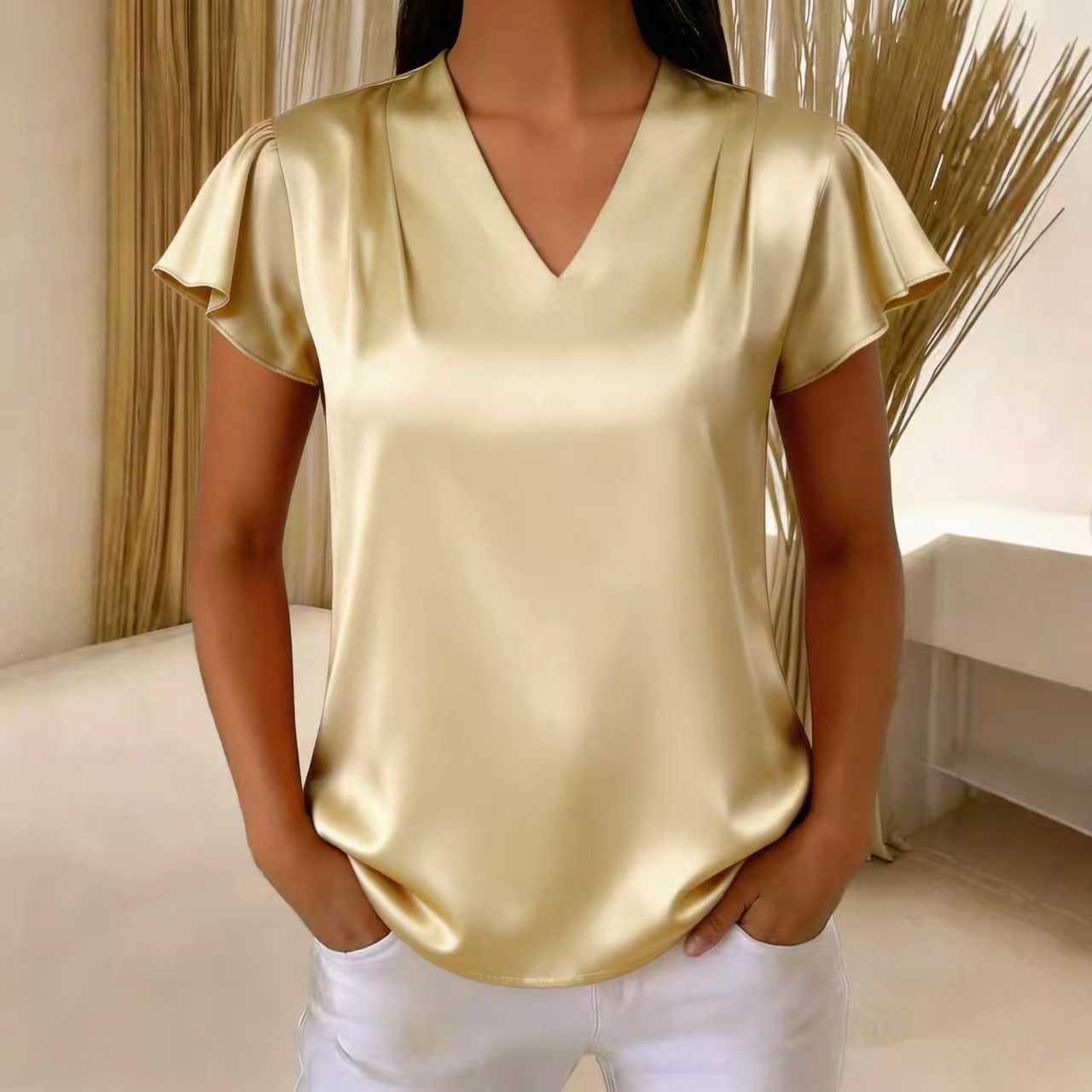 Women s V Neck Short Sleeve Satin Blouse Regular Fit Elegant Casual Top S абрикосовый