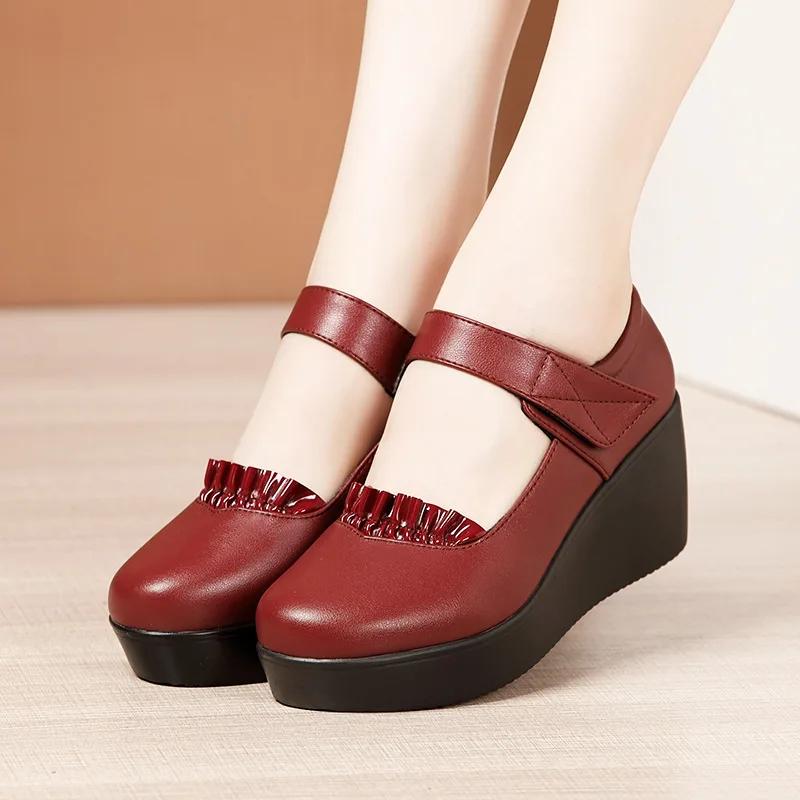 6cm Small Size 32-43 Comfortable Med Heels Pumps Soft Leather Mary Janes 2025 Women's Platform Wedges Shoes for Office Mom Dance