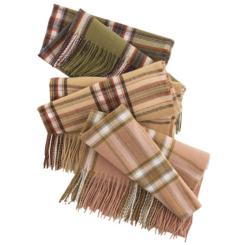 New Korean Style Winter Imitation Cashmere Green Retro Plaid Scarf for Women Japanese Tassel Shawl Warm Scarf