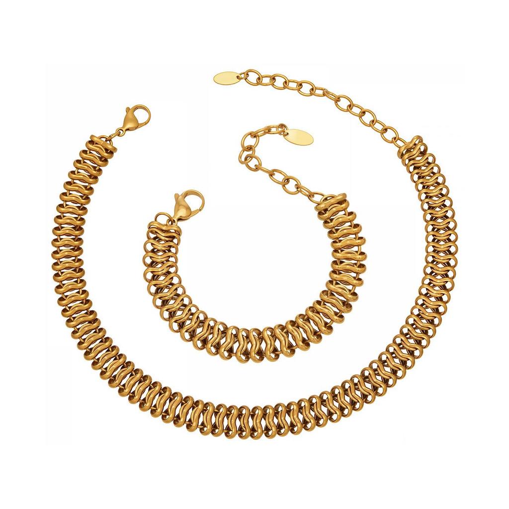 Handmade Stainless Steel 18K Gold Cuban Necklace & Bracelet Set - Trendy Street Dance Hip Hop Style