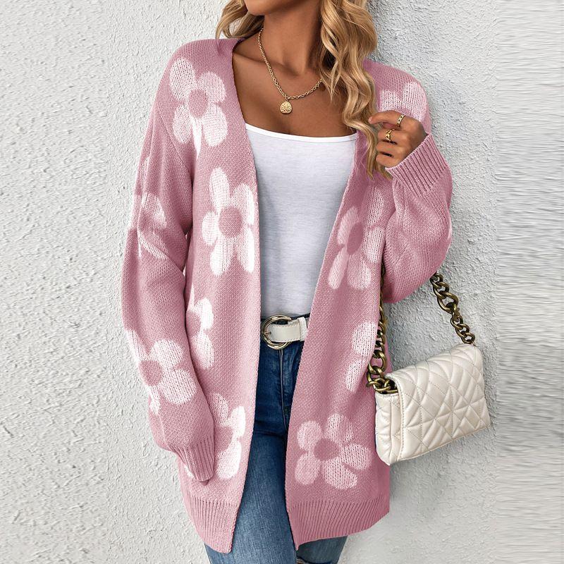 

2023 Свитер Свободный Контрастный Цветочный Вязаный Кардиган Вязание Кардиган Lotus root starch XL