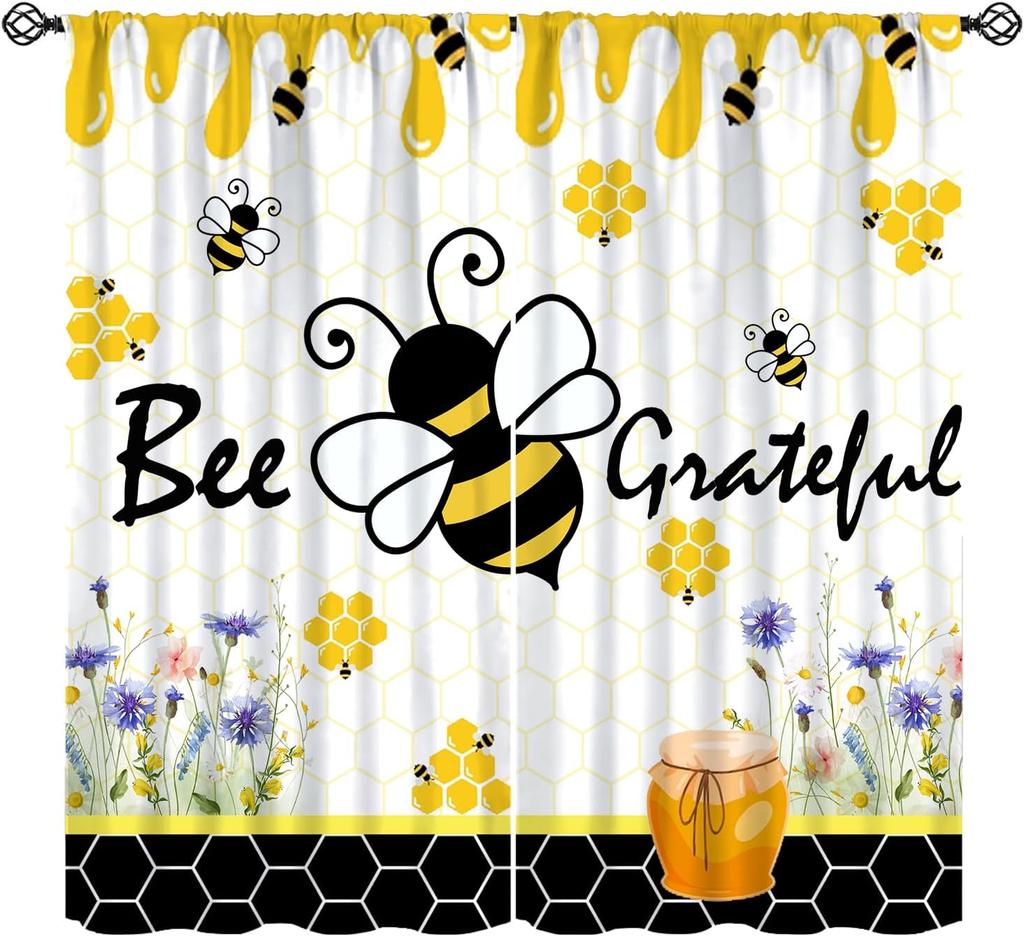 Rustic Honey Bee Curtains Honeycomb Daisy Floral Window Treatments Insulated Drapes Panel Sets Curtain With Rod Pocket Thermal Polyester