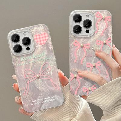 Applicable To Apple 15pm Mobile Phone Case Iphone14plus Pearl Pink Bow 13 Feather Yarn 12pro Laser X