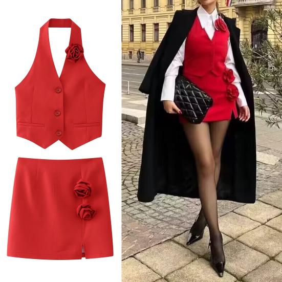 Dámská Vesta Sukně 3D Růžový dekor Rozdělený lem Minisukně Slim Fit Ohlávka Výstřih Bez ramen Bez zad Jednořadá vesta Plesové Společenské oblečení