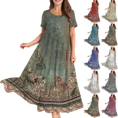 Γυναικείο Casual Loose Bohemian Floral Φόρεμα Κοντό μανίκι μακρύ μάξι καλοκαιρινό φόρεμα με κούνια στην παραλία