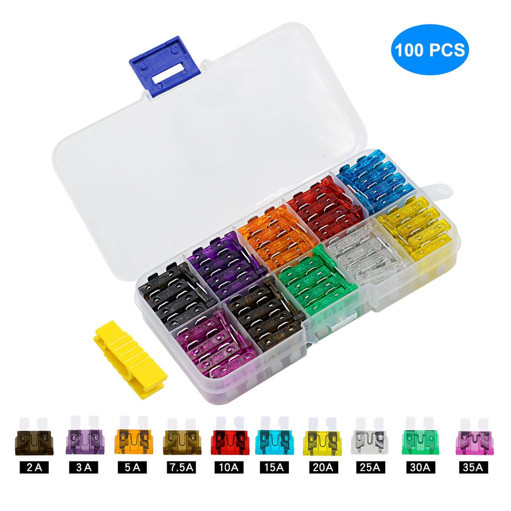 100PCS Car Fuses 2A 3A 5A 7.5A 10A 15A 20A 25A 30A 35A Amp with Box Clip Replacement for Xr Screen Lcd Screen Compatible with Xs with Xs Faulty