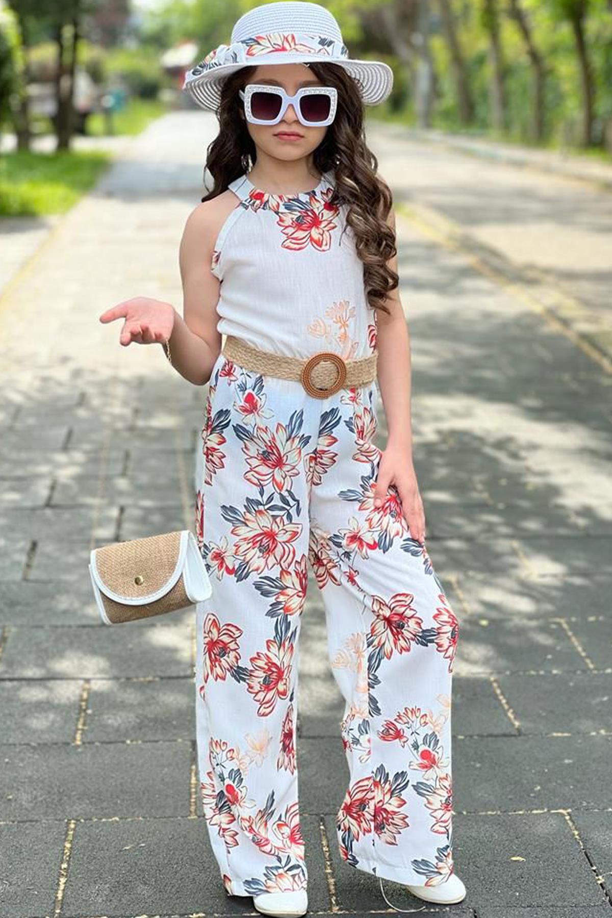 

Girl Flower Patterned Off-the-Shoulder Crew Neck 4-Piece White Dress