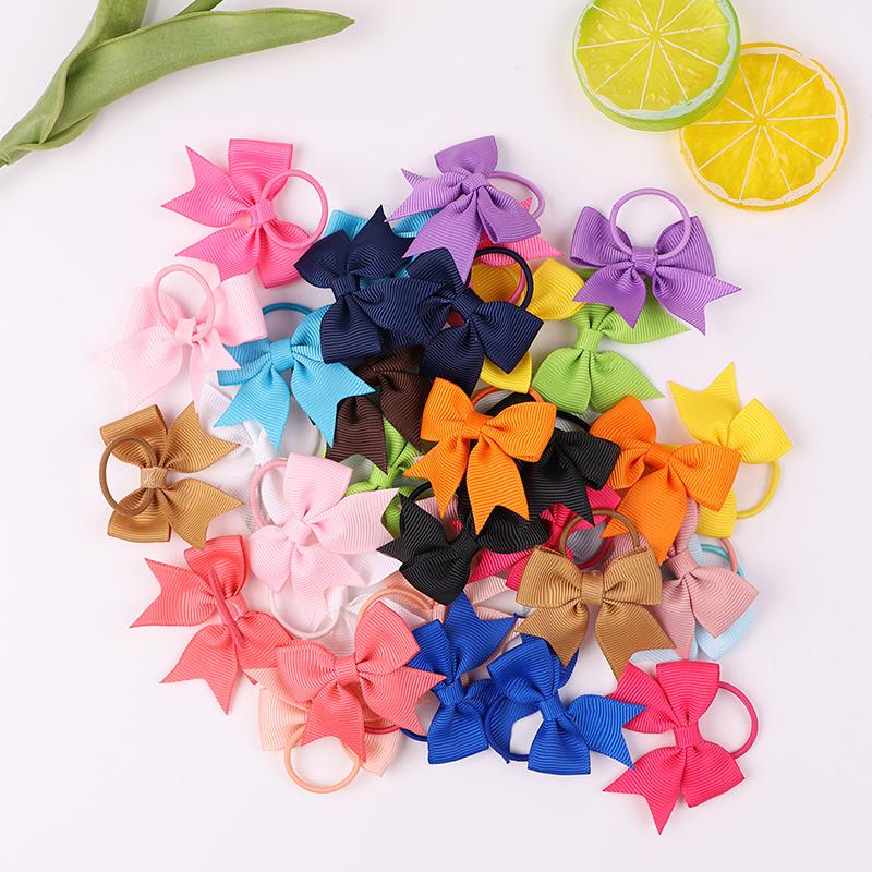 10Pcs  Color Grosgrain Ribbon Bows Elastic Hairties Hair Bands Girls Spring Head Rope Hair Accessories