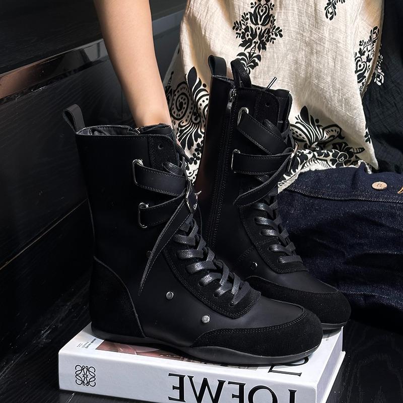 

Fashion Women s 2025 New Round Toe Flat High Top Dexun Shoes Versatile Casual Booties Mid-leg Boots 40 чёрный