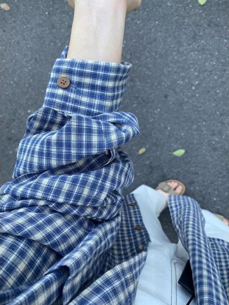 Men's Retro Blue Plaid Shirt - Lazy Style Casual Loose Fit for Spring & Autumn