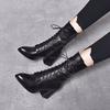 Pointed Leather Boots Women's Medium Boots New Black Embossed Cowhide Thick Heel Lace-up Fashion Boots High Heel Boots