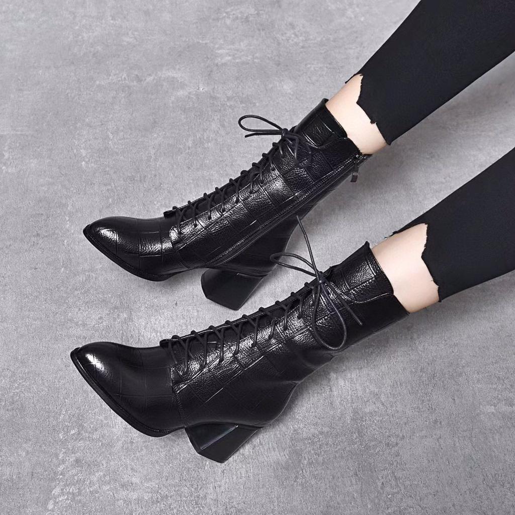 Pointed Leather Boots Women's Medium Boots 2025 Autumn and Winter New Black Embossed Cowhide Thick Heel Lace-up Fashion Boots High Heels Boots