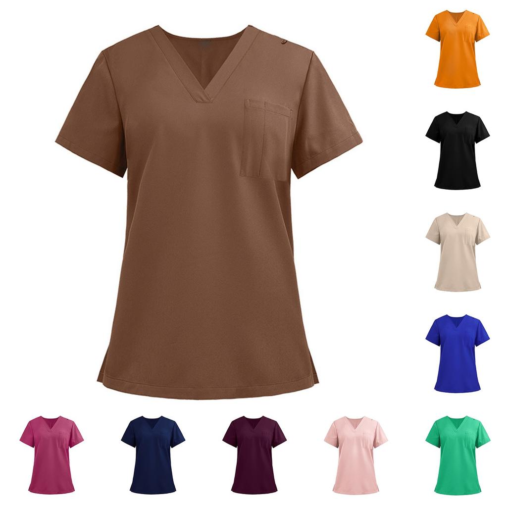 Ladies' Lightweight Solid Color V-neck Pocket Side Slit Short Sleeved Shirt